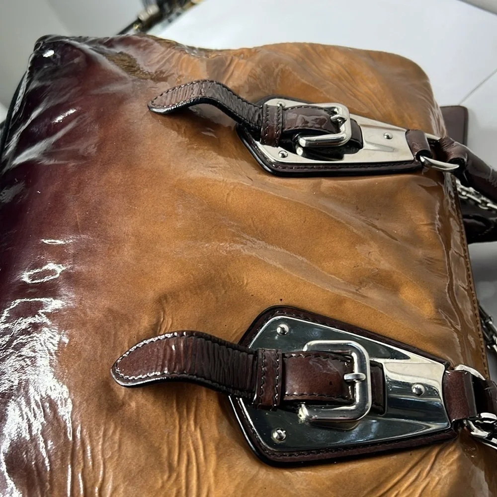 Prada Brown Vernice Sfumata Ombré Patent Leather Satchel Crossbody Bag